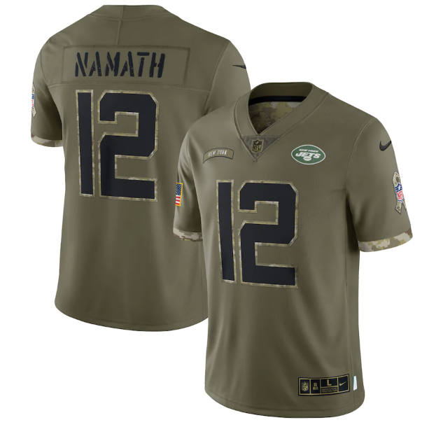 Men's New York Jets #12 Joe Namath Olive 2022 Salute To Service Limited Stitched Jersey